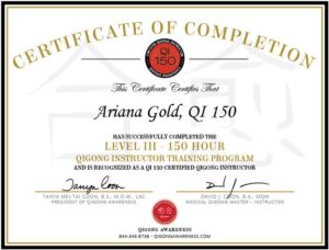 This photograph of the QI-150, Qigong Awareness Level III Certified Qigong Instructor Certificate is a sample representation of what a graduate student of Level III will receive.