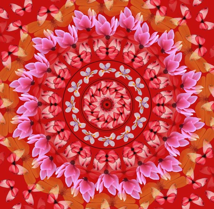 red mandala with butterflies and flowers