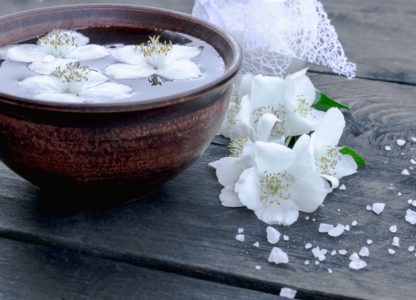 Jasmine flowers float on water. Relaxation concept