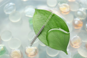 Acupuncture needles on a leaf floating in water